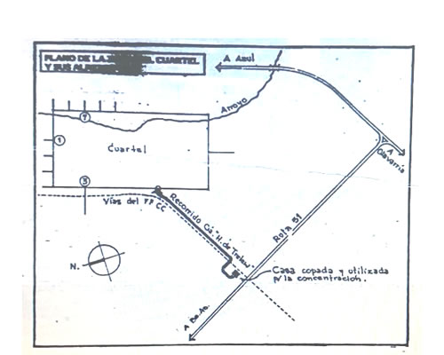 El plano muestra la ubicación de la casa copada por los guerrilleros y su recorrido hasta la guarnición militar